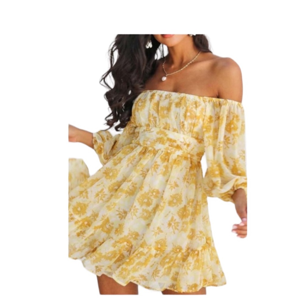 C+D+M Yellow and White Off the Shoulder Tie Back Mini Dress Size L.  NWT.